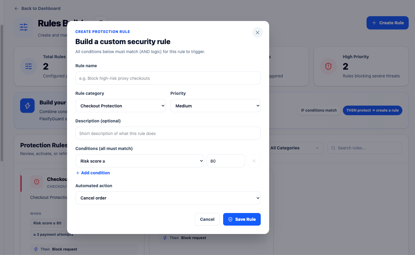 The rule form: name, category, priority and conditions